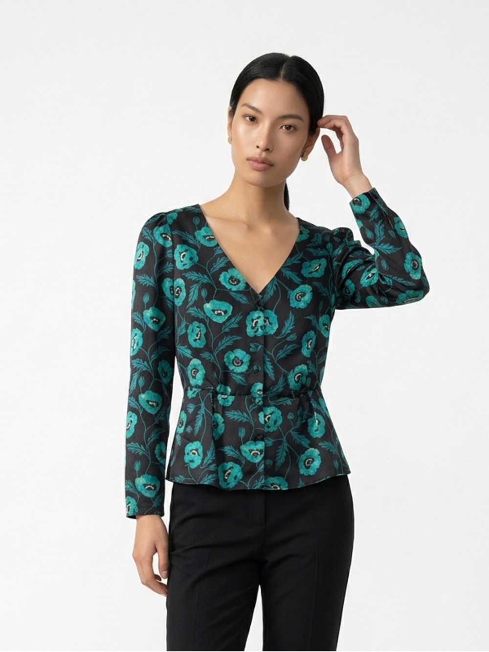 J. Crew Black Long-Sleeve Shirt with Teal Floral Print Size 2